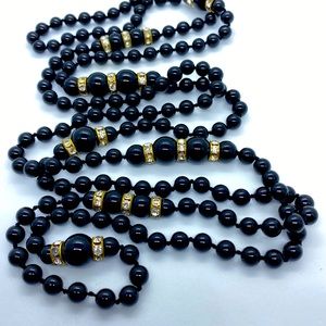 Vintage Jet Black Onyx With Gold and Rhinestone Accent Over Head 50” Long